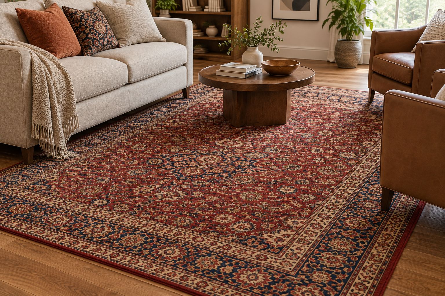 Traditional patterned rug connecting a sofa and armchairs in a living room