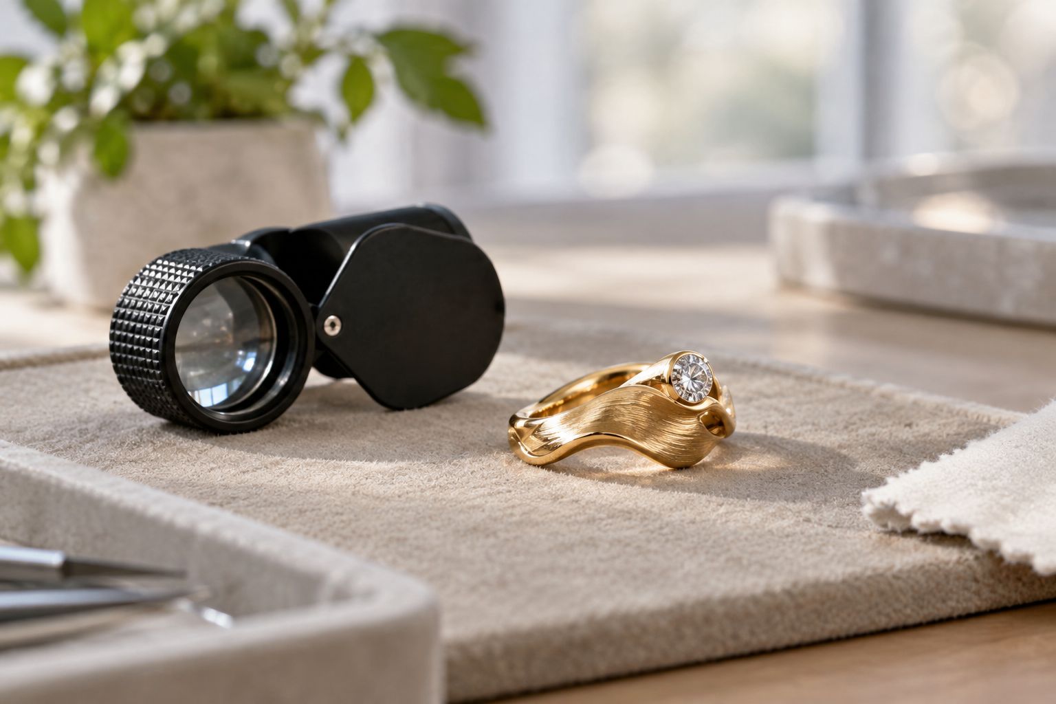 A sculptural gold ring beside a loupe, showing its setting and textured surface