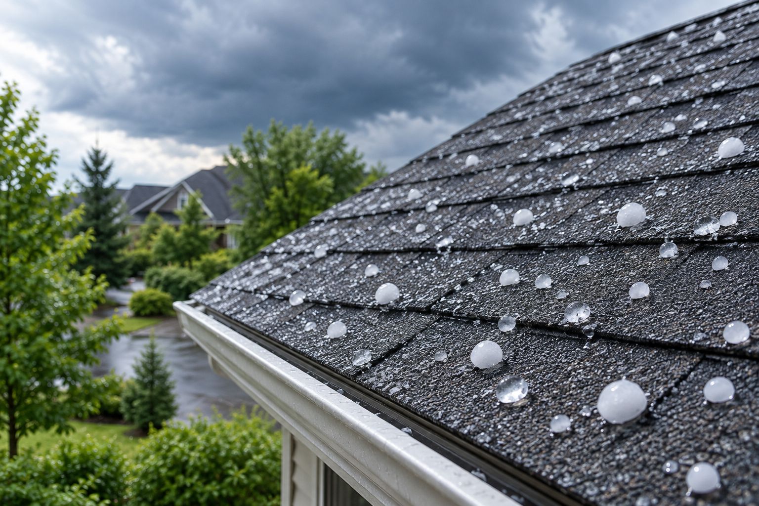 Hailstones resting on an impact-resistant shingle roof after a storm