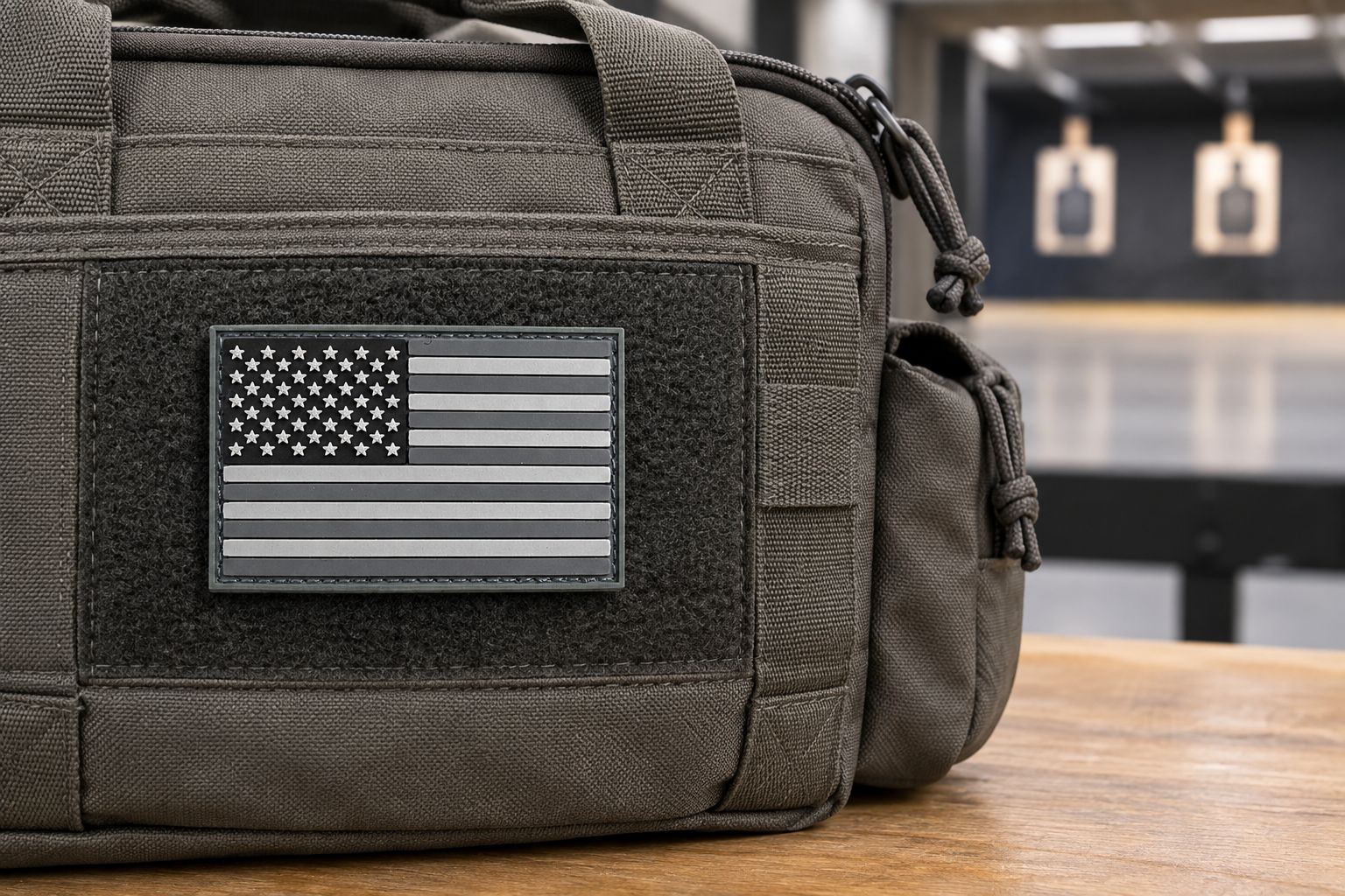 American flag PVC patch displayed on the patch panel of a range bag