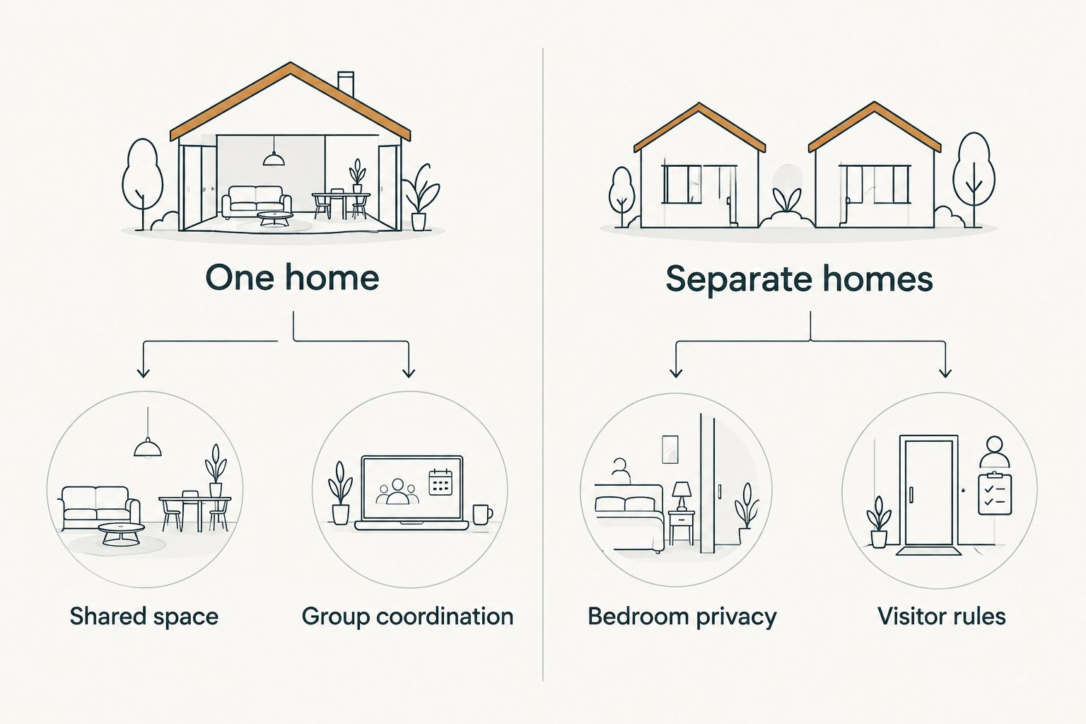 Two-column comparison of one shared home and separate rentals for a birthday trip