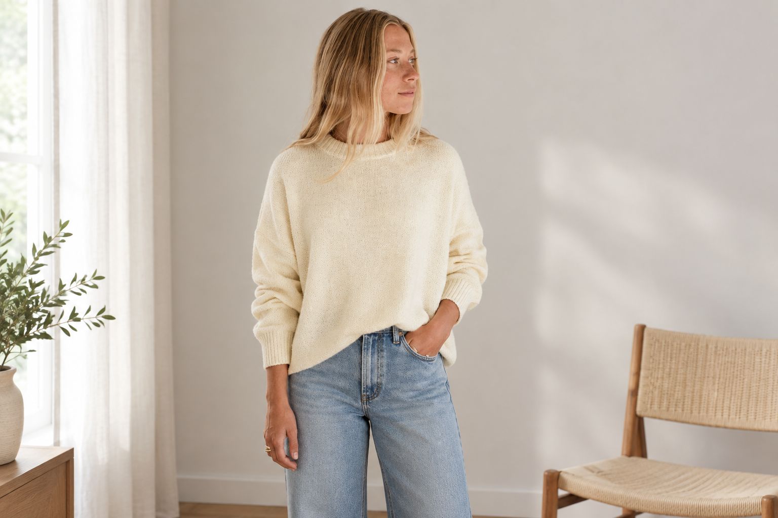 Cotton crewneck worn with straight-leg jeans and a small front tuck
