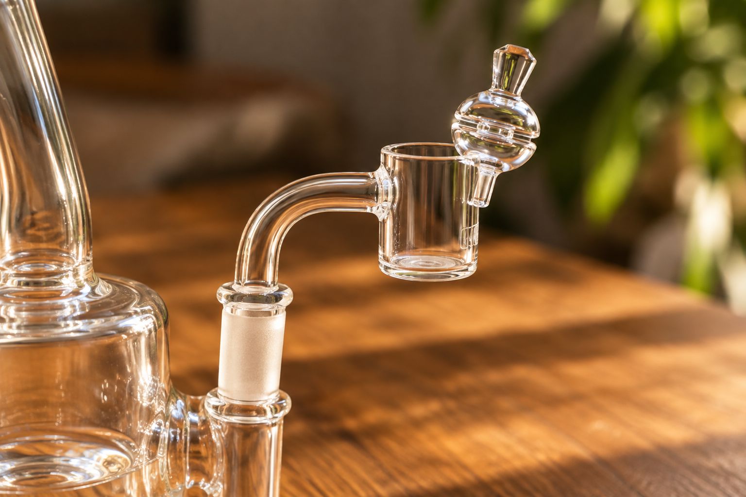 Quartz banger bucket and carb cap set seated on a dab rig joint