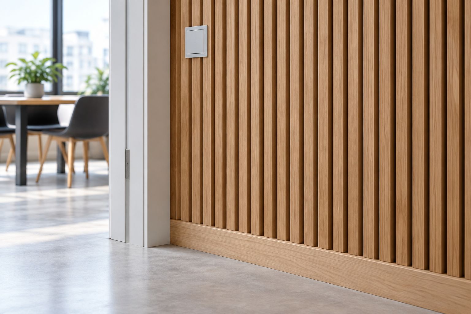 Holzlamellenwand mit abgestimmtem Übergang zu Türzarge, Sockel und Lichtschalter