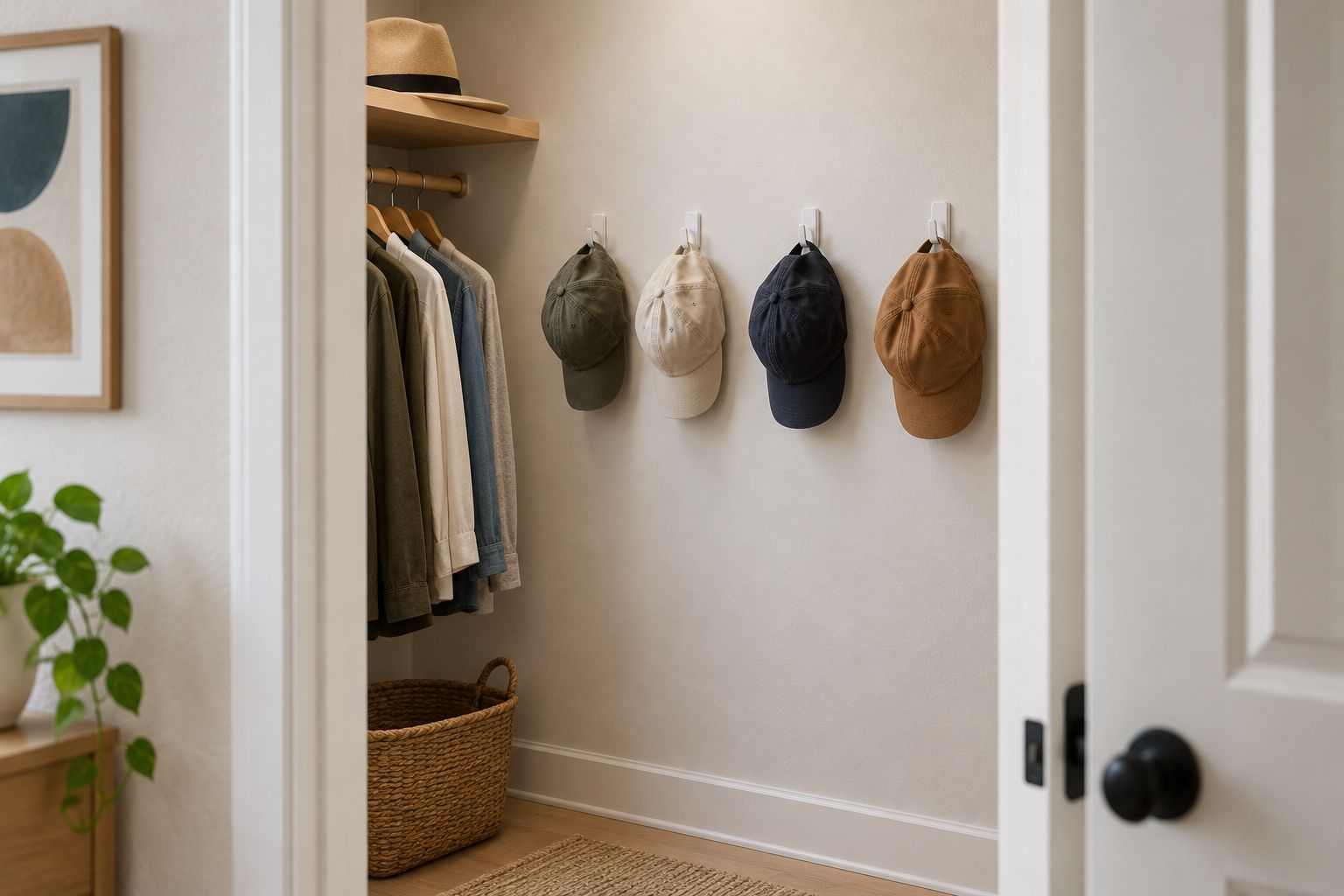 Individual caps on closet wall hooks with a structured hat supported separately on a shelf