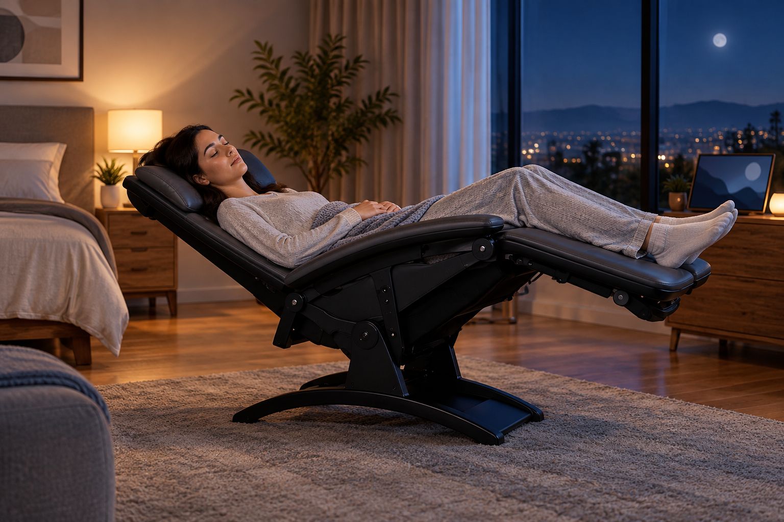 Person sleeping in a zero gravity recliner with legs elevated