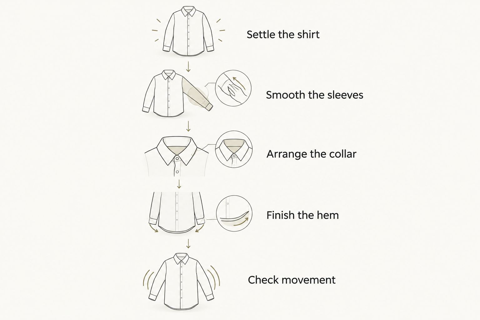 Five steps for arranging an Oxford shirt beneath a cotton crewneck