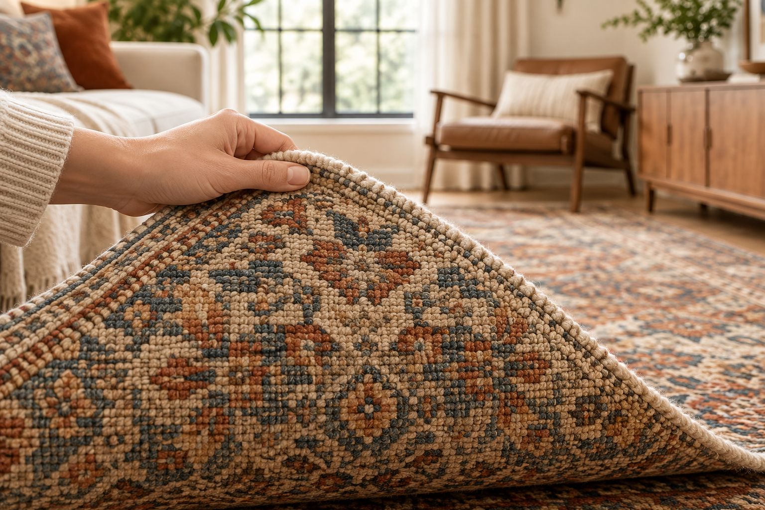 Close-up of hand-knotted rug backing showing individual knots