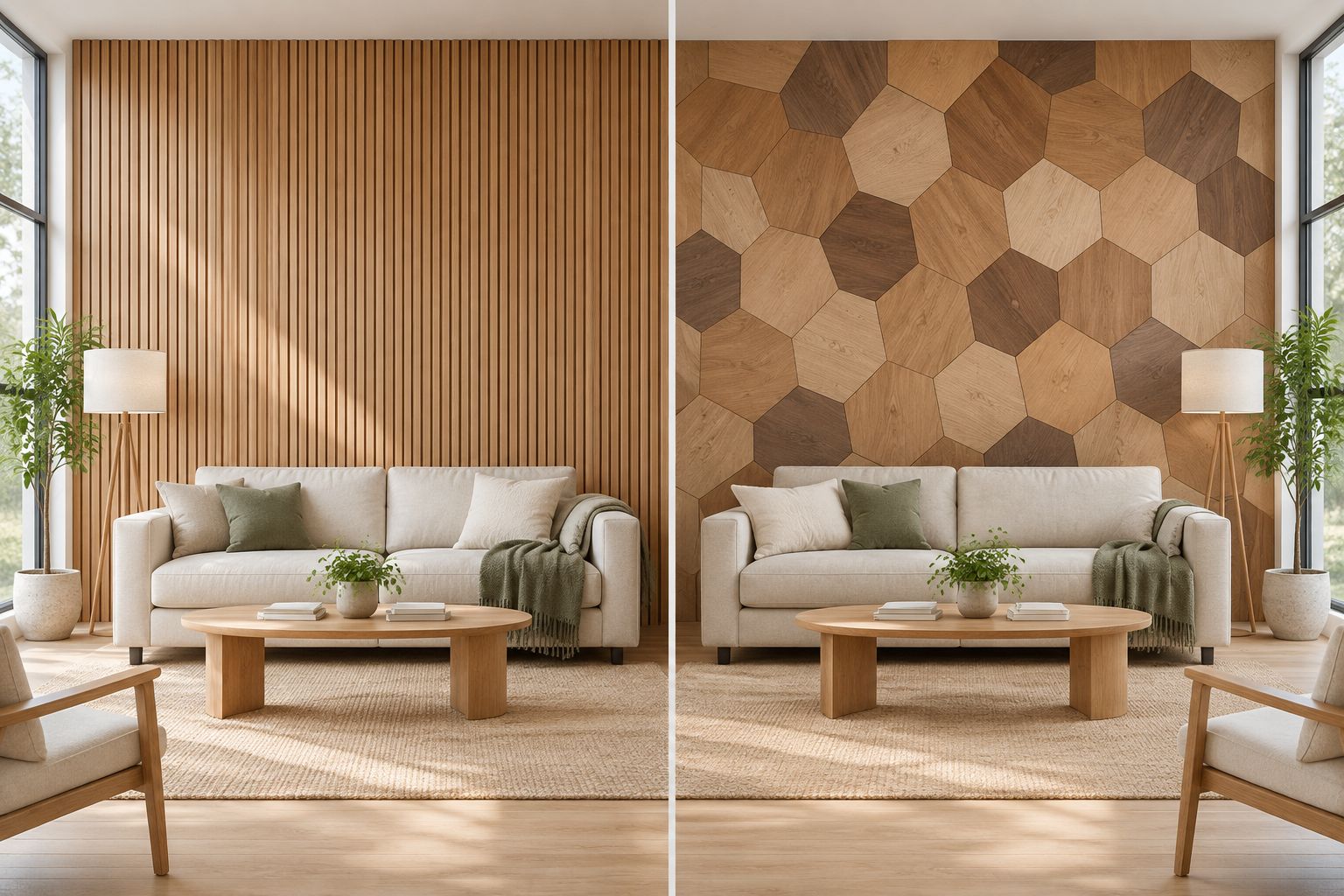 Continuous wood slats beside a geometric arrangement of wood-faced hexagon wall panels