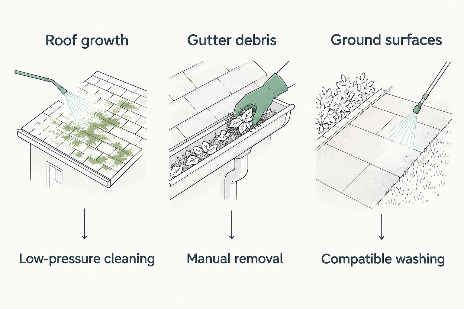 Comparison of roof growth, gutter debris, and ground surfaces with a different cleaning method for each