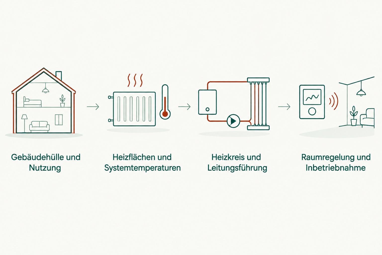 Planungsfolge von der Gebäudehülle über Heizflächen und Heizkreis bis zur Raumregelung