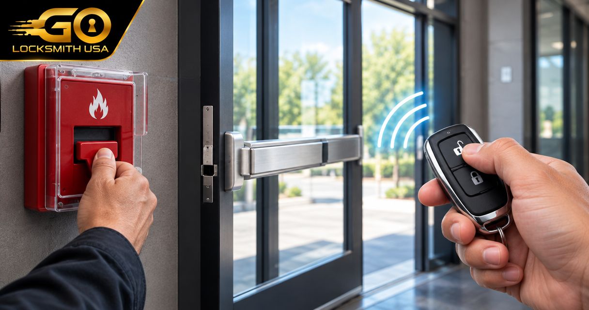 Automatically unlock commercial exit doors when the fire alarm triggers