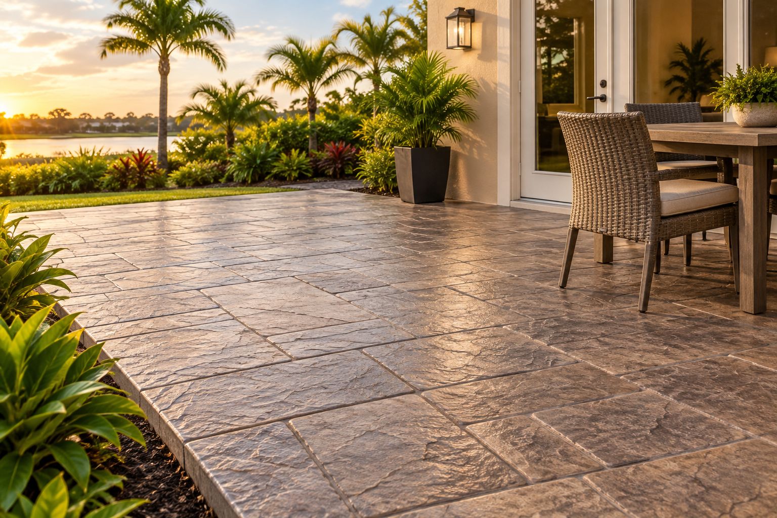 Ashlar slate stamped patio showing rectangular impressions beside an exterior doorway