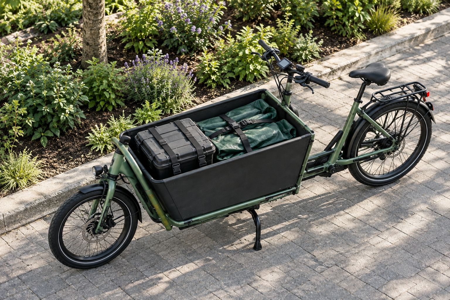 Werkbakfiets met laag geplaatste, vastgezette gereedschapskoffer en afgedekte handgereedschappen