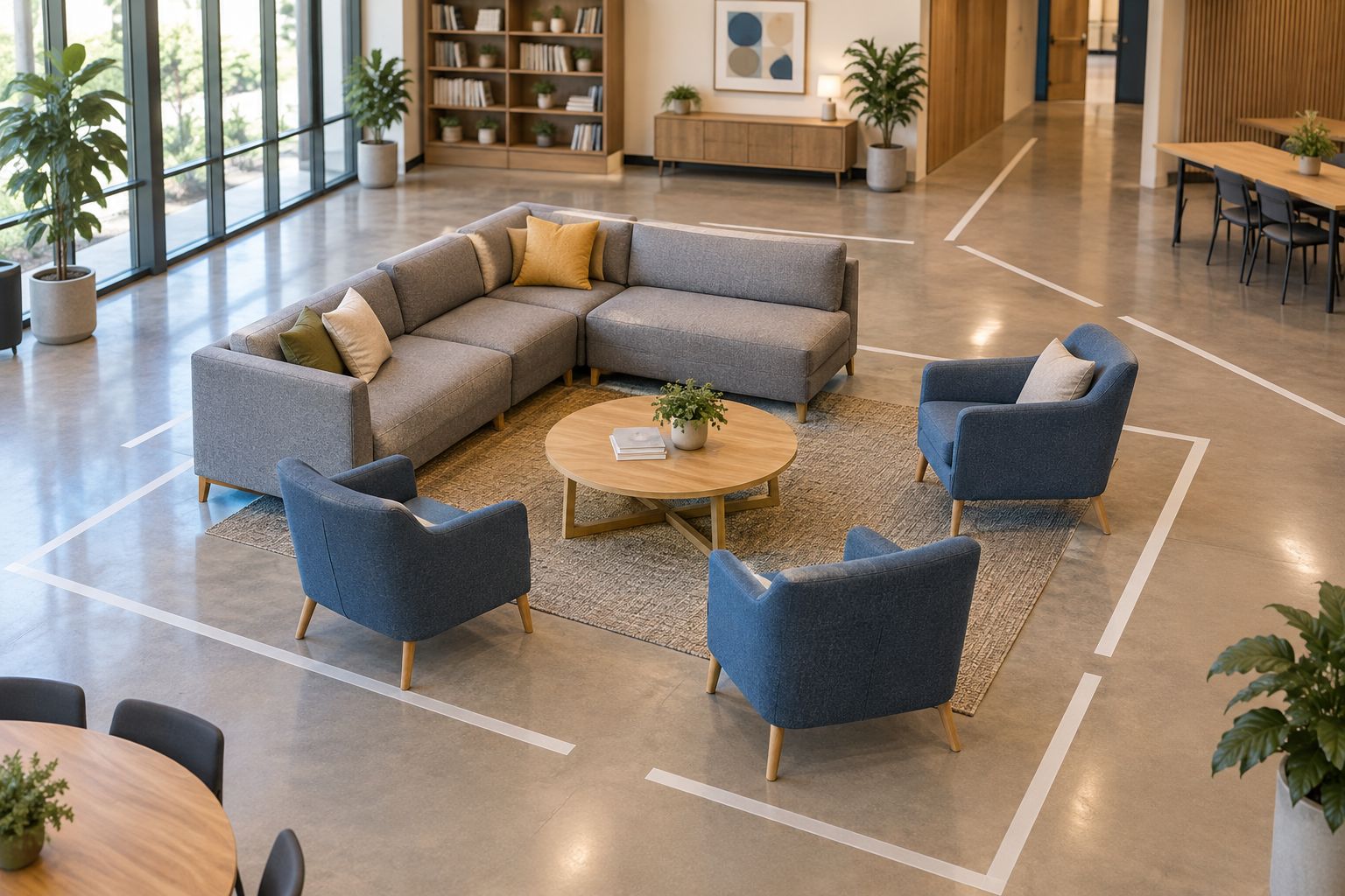 Shared gathering room with a taped sofa footprint, upright chairs, and open walking routes