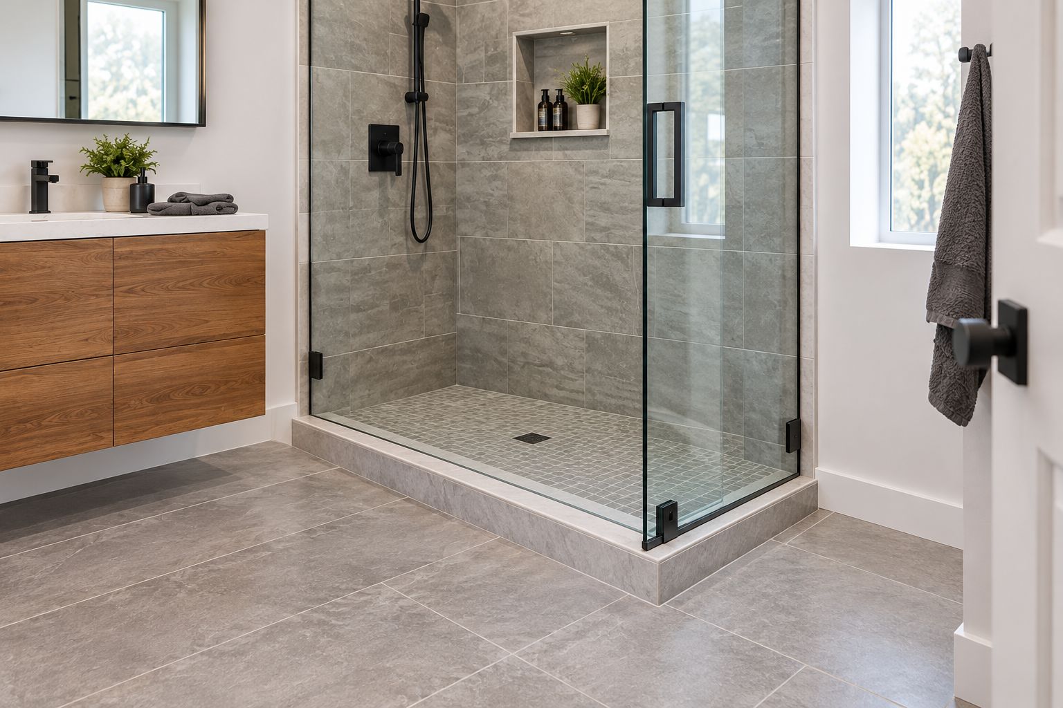 Partly open glass shower door showing clearance from a vanity and its position above the tiled threshold