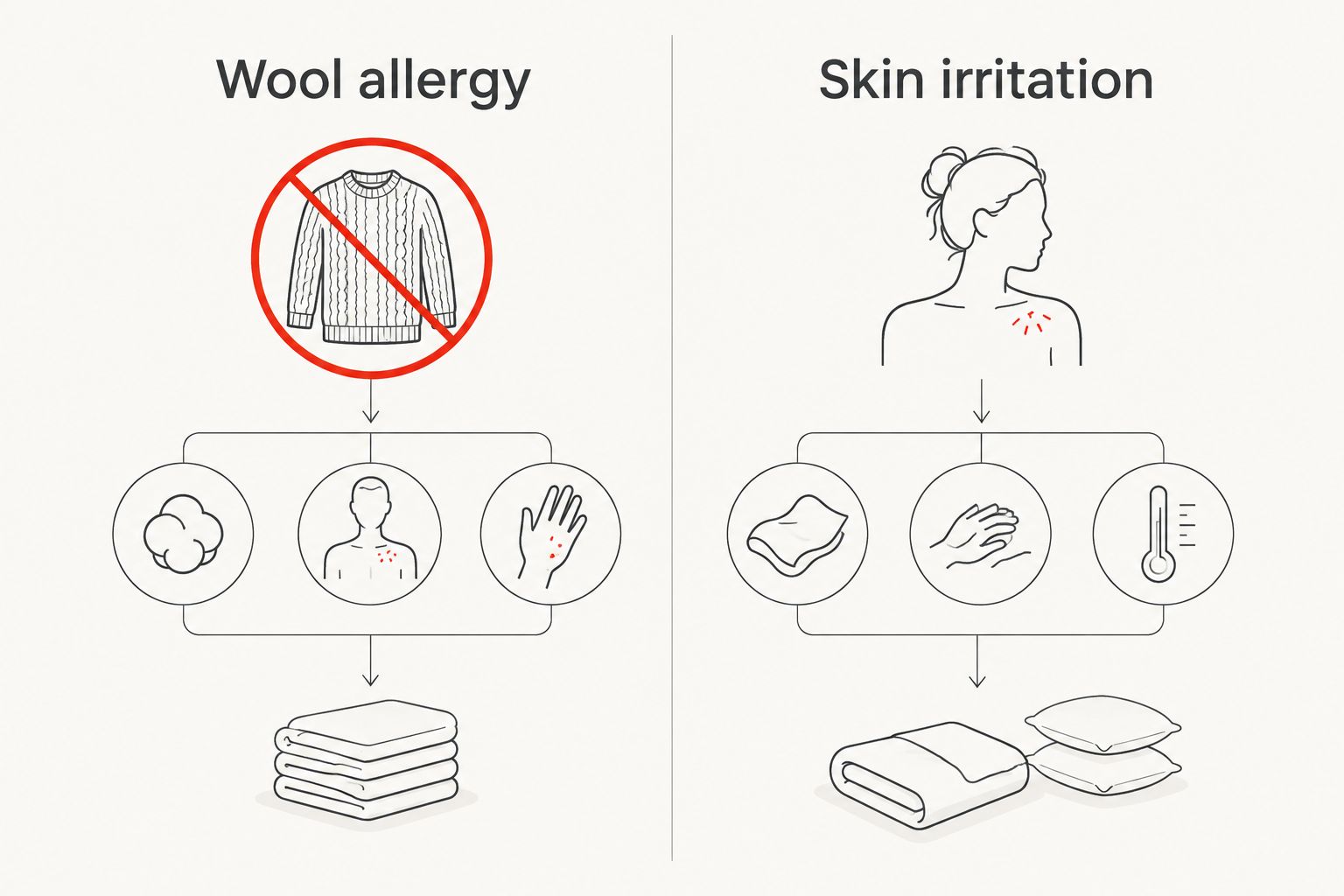 Comparison of avoiding wool for an allergy and checking comfort when wool irritates skin