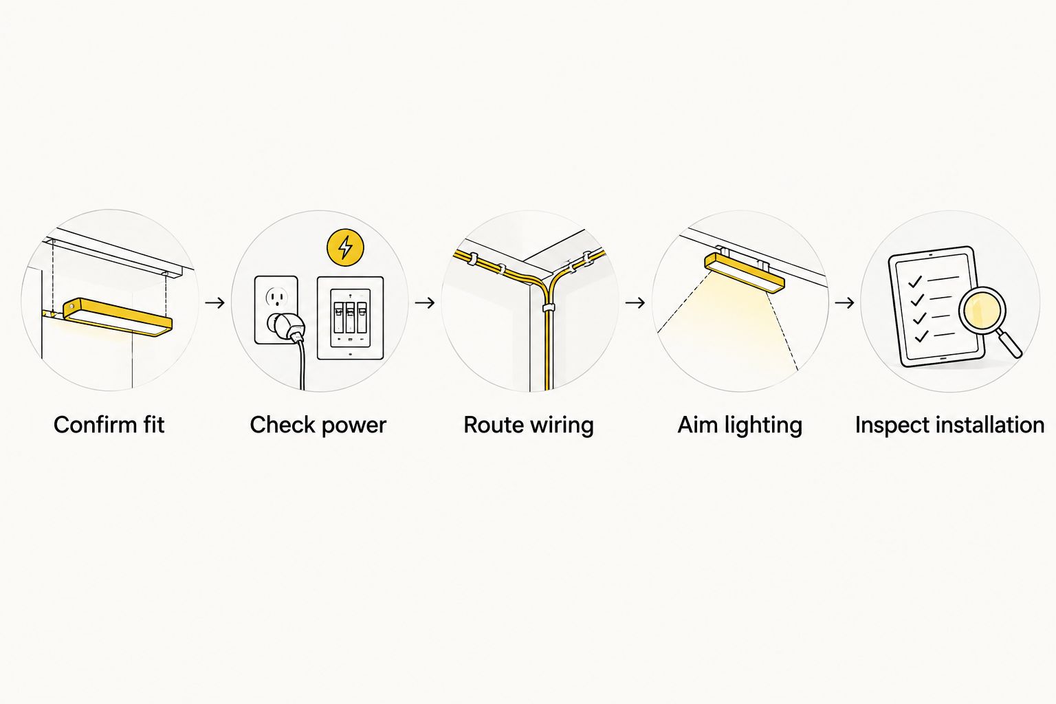 Installation sequence covering fit, power, wiring, aiming, and inspection