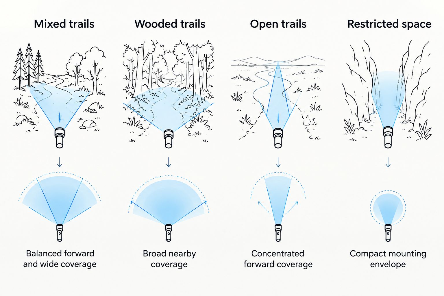 Four light-bar configurations matched to mixed trails, woods, open trails, and restricted mounting space