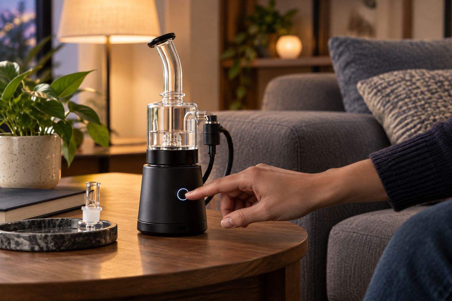 Portable electric dab rig on a side table in a living room setting