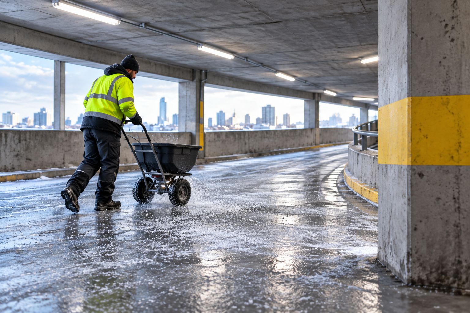 Crew member spreading de-icer on a parking garage ramp
