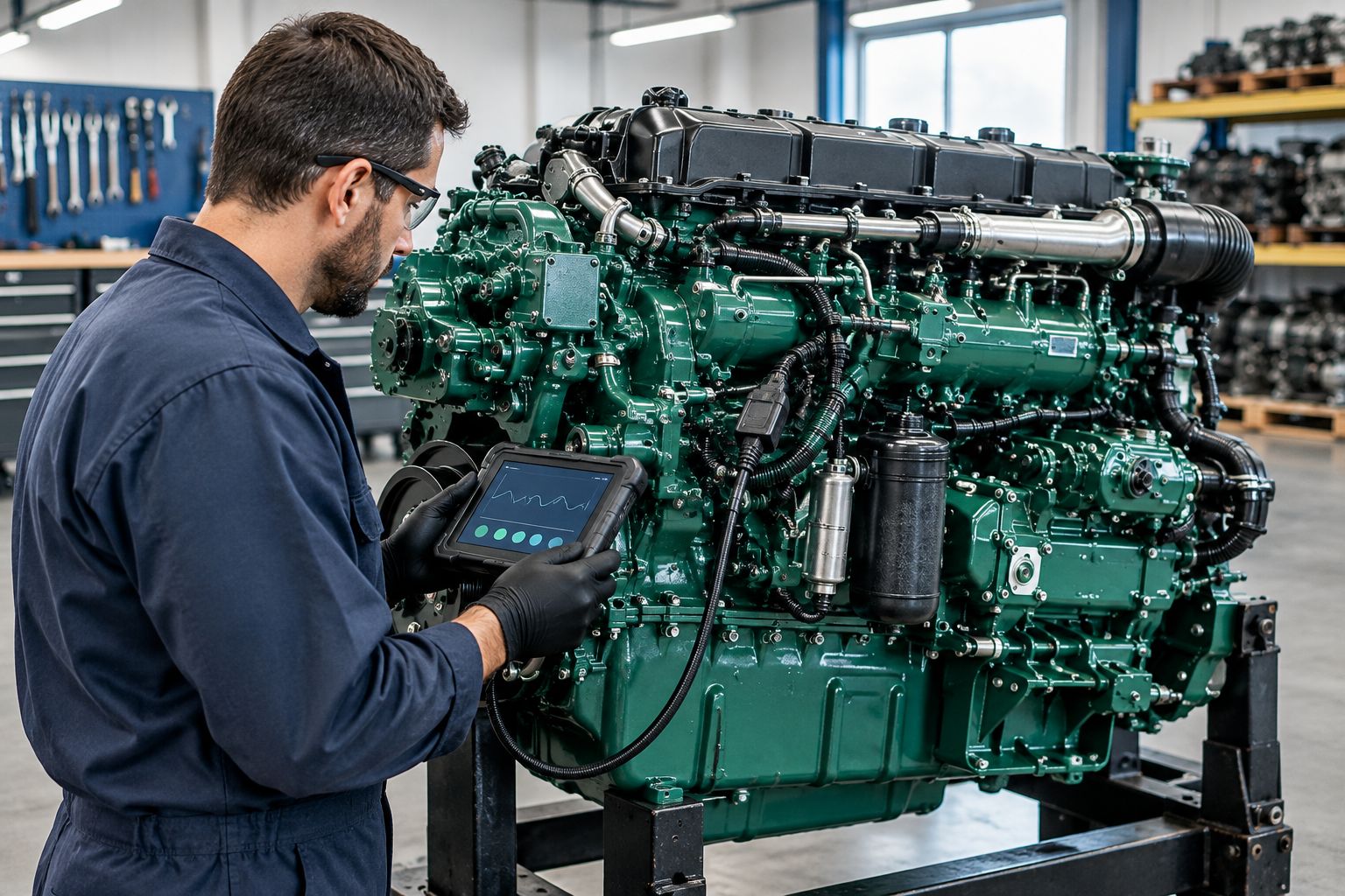Technician inspecting a heavy-duty diesel engine on a stand with a diagnostic scanner