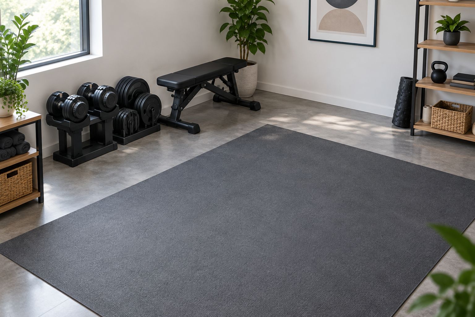 Adjustable dumbbells stored beside a bench with a clear exercise area in front.