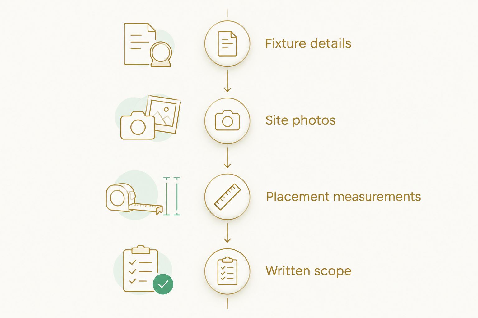 Four stages for preparing a fixture installation brief, from fixture details to a written scope.