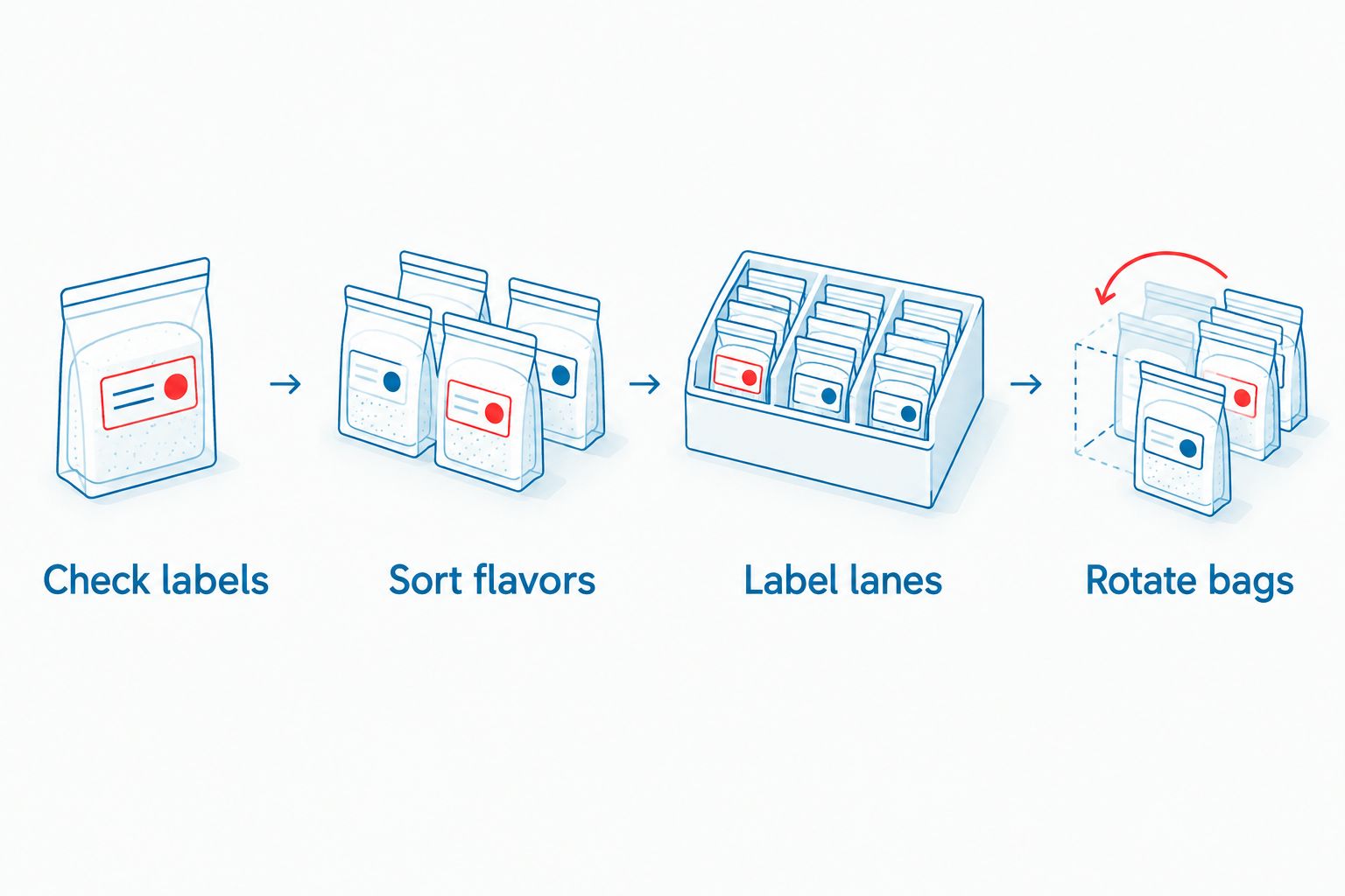 Four steps for organizing sealed fruit snack bags by flavor