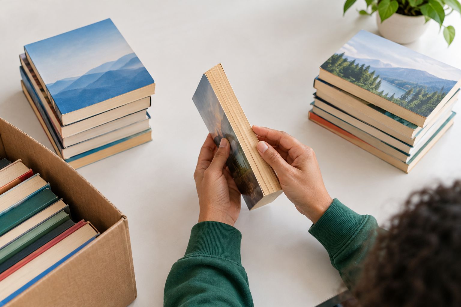 Hands checking a used paperback’s binding and page edges before sorting it