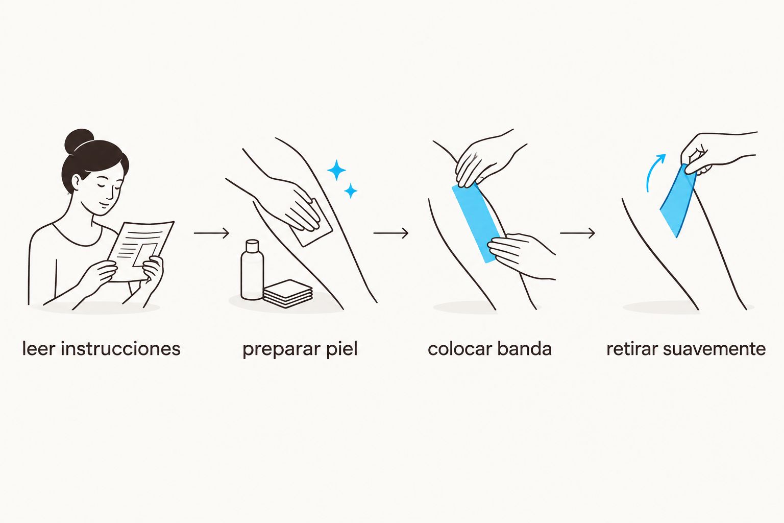 secuencia para leer las instrucciones, preparar la piel, colocar la banda y retirarla con cuidado