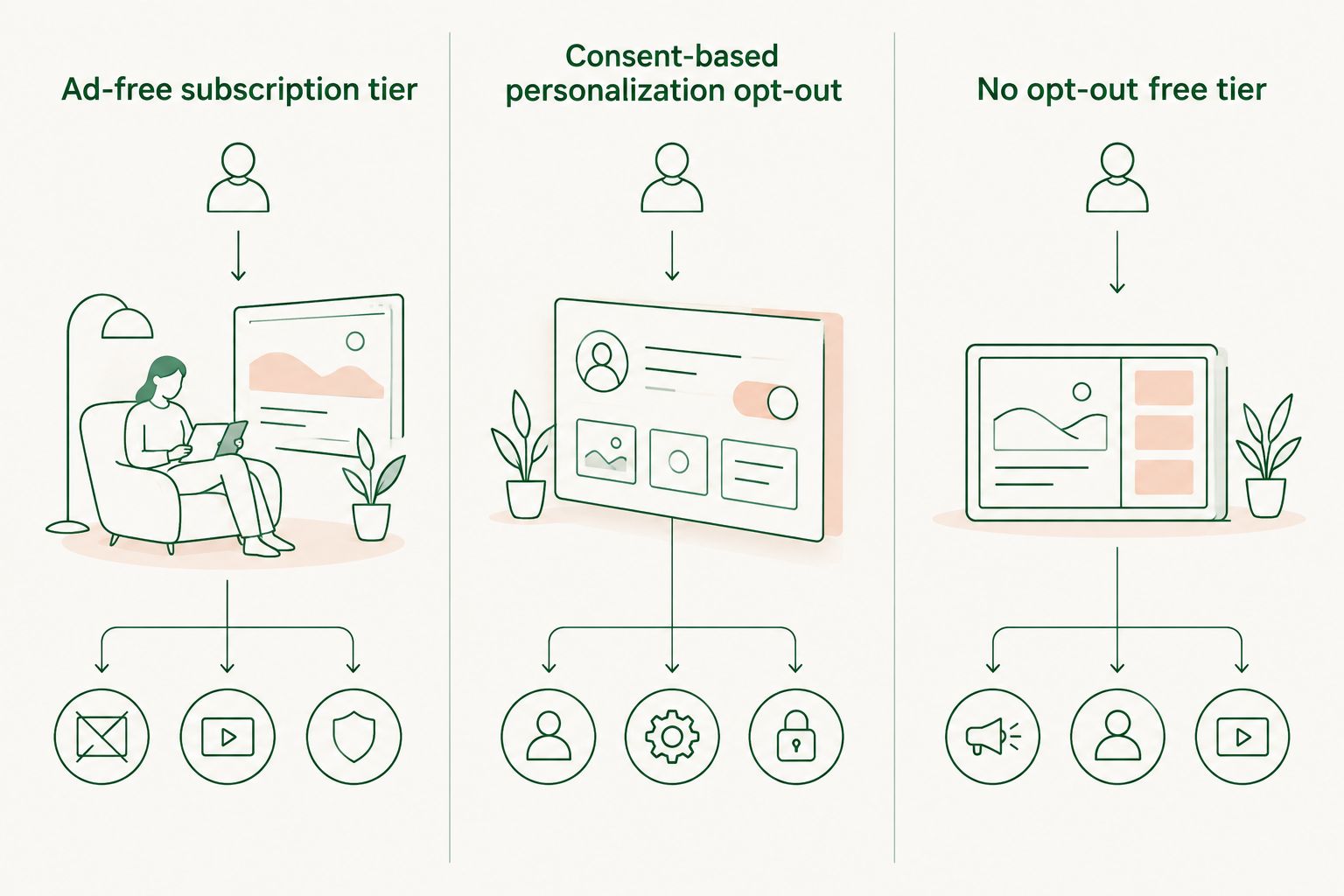 Three columns comparing ad opt-out models for AI chatbots