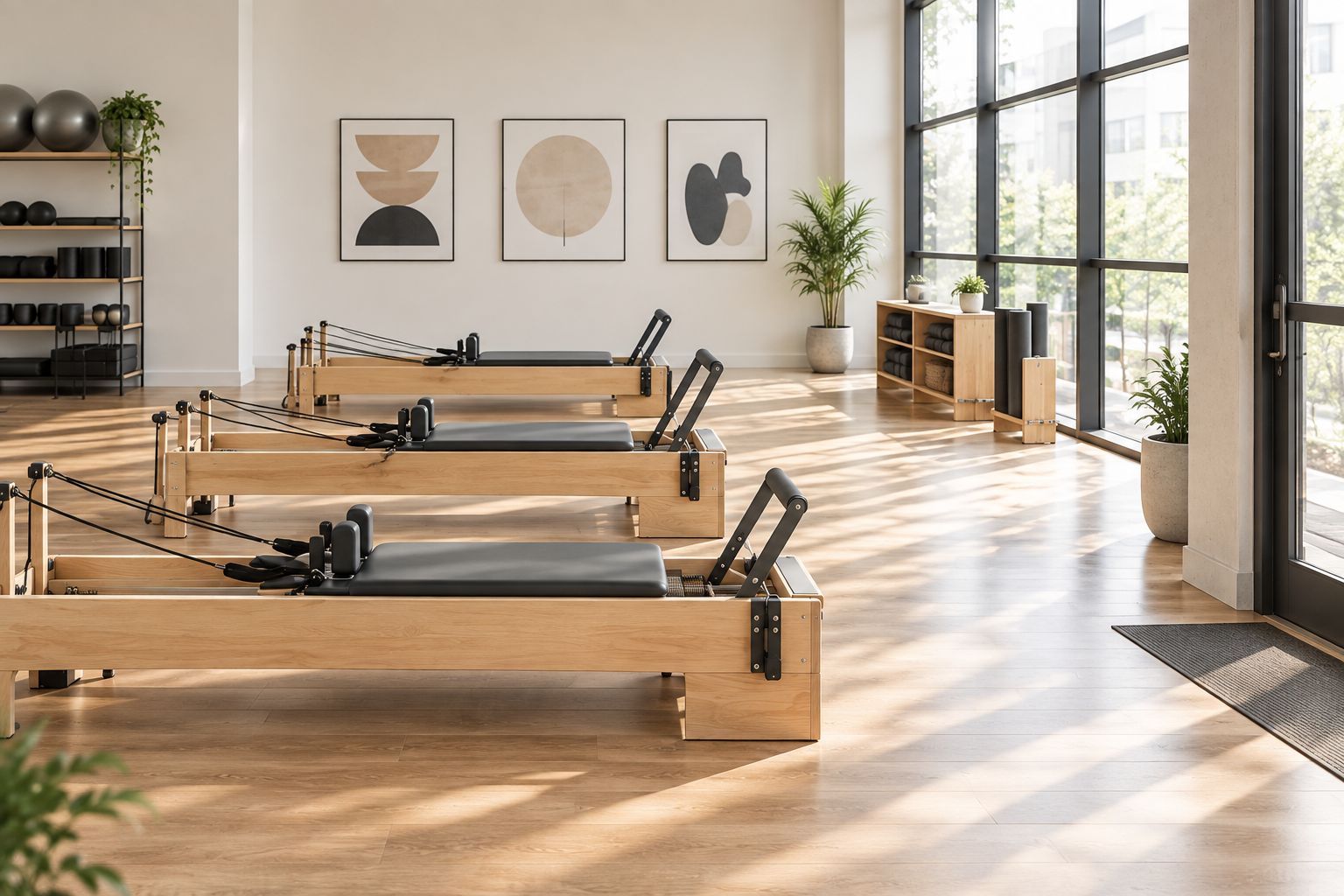 Reformer im Studio mit sichtbarem Zugang und freier Fläche zwischen den Geräten