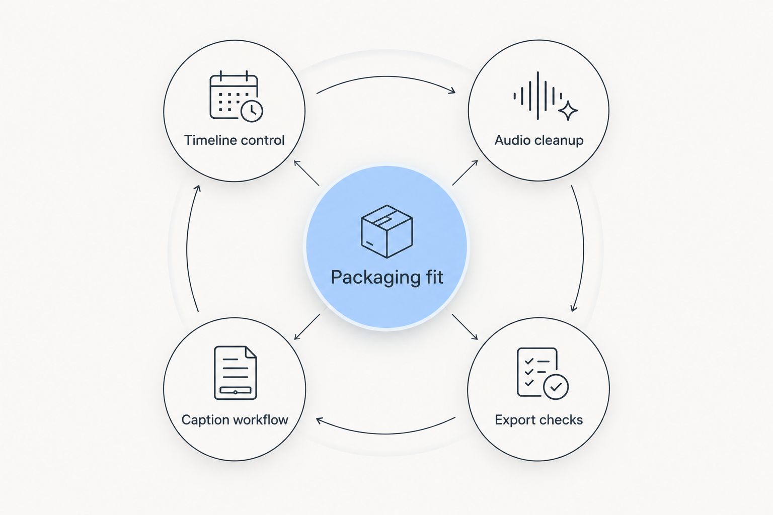 Packaging fit connected to timeline control, audio cleanup, caption workflow, and export checks