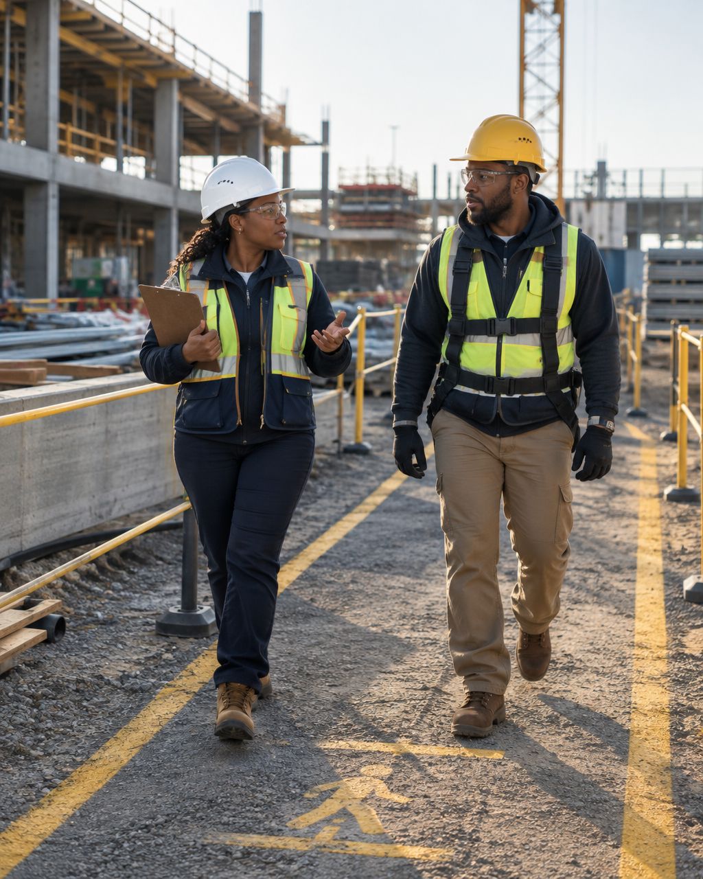 Illustrative photo of African American contractors checking marked walking paths and job-site conditions