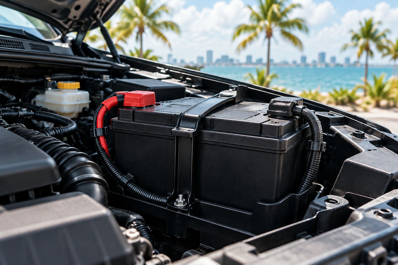 Car battery secured in its tray with a hold-down bracket and connected terminal cables