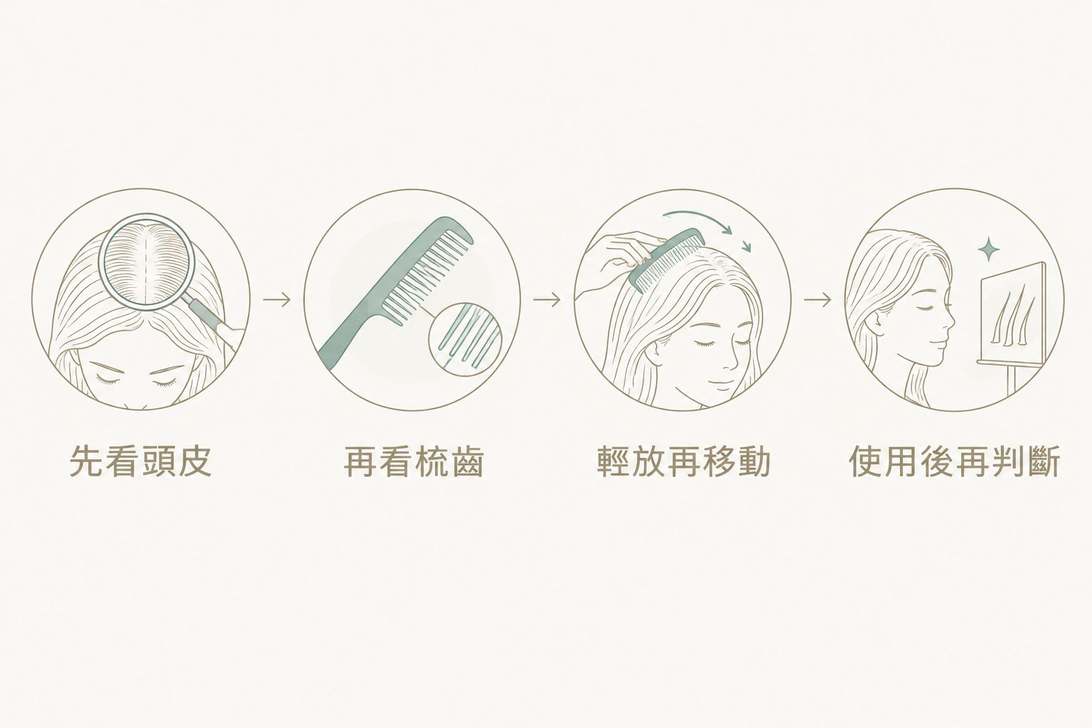 依序檢查頭皮、梳齒、使用動作及使用後反應的圖解