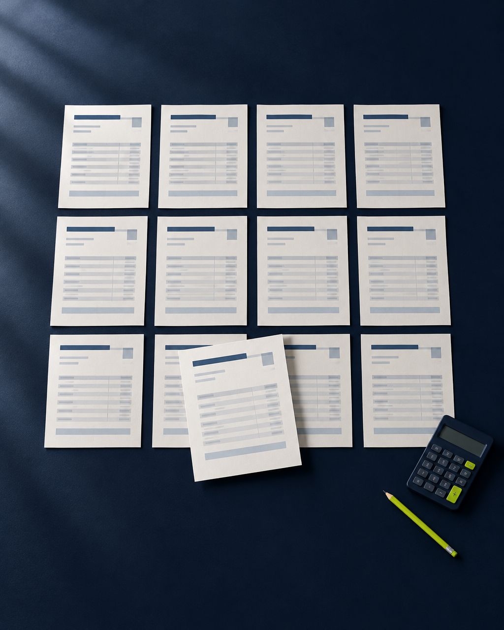 Illustrative billing papers and a calculator on a navy desk with lime accents