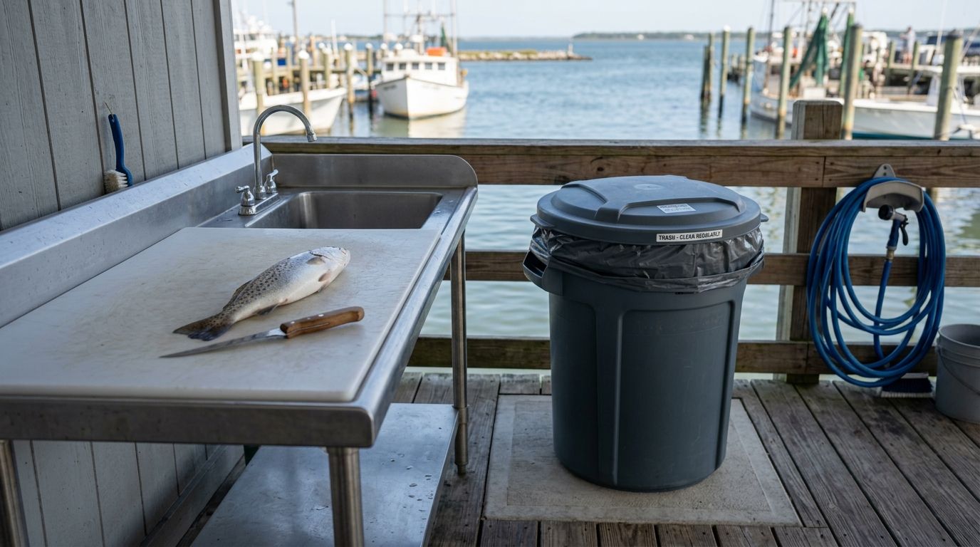 Trash bin cleaning for anglers cleaning fish and catch