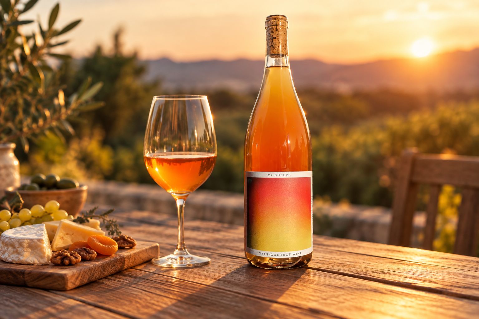 Bheeyo orange wine bottle on an outdoor table at sunset with a poured glass