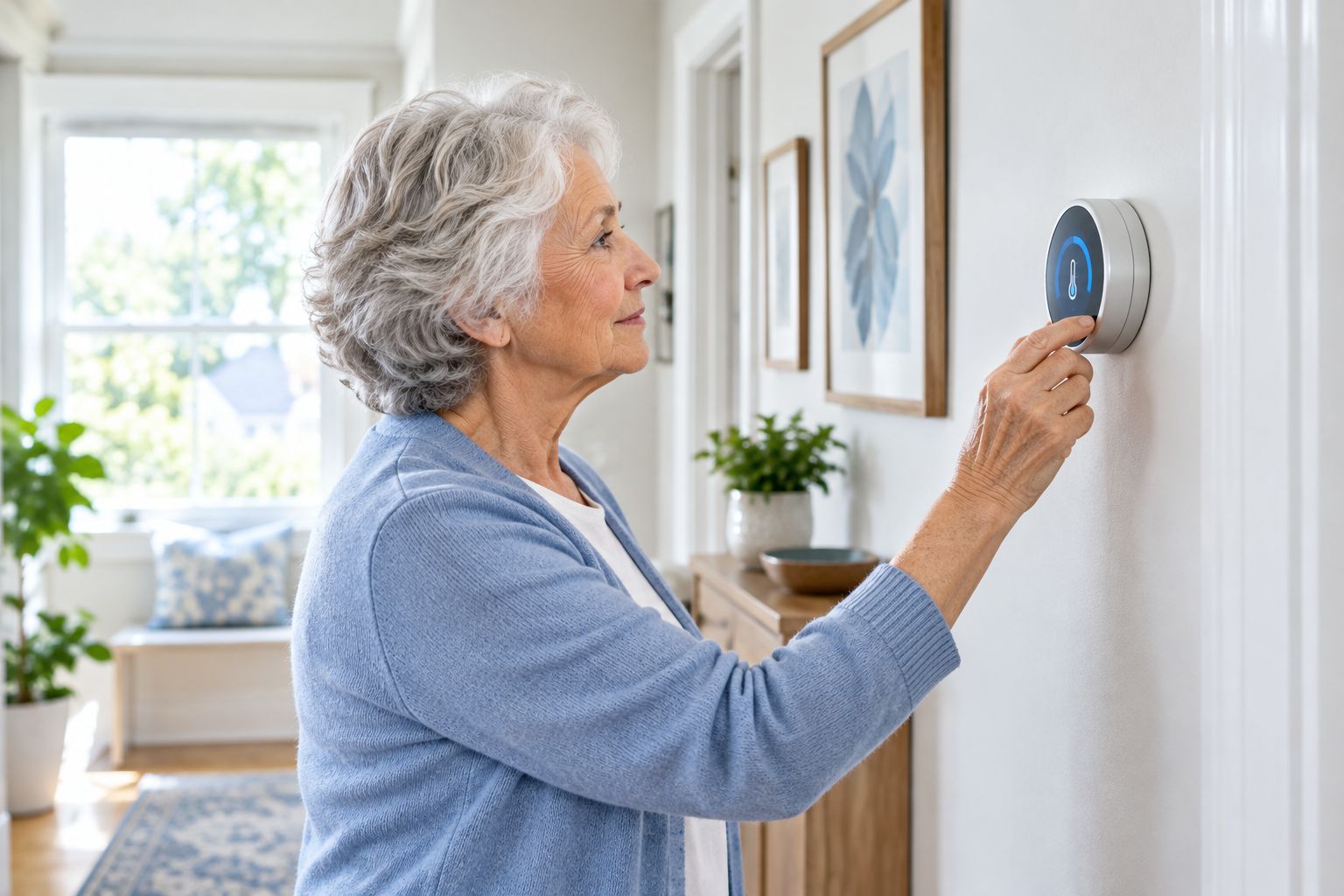 Senior homeowner checking a wall thermostat before calling for AC repair