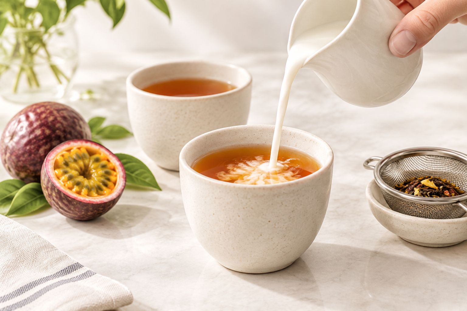 A small splash of milk being added to a test cup of strained tea