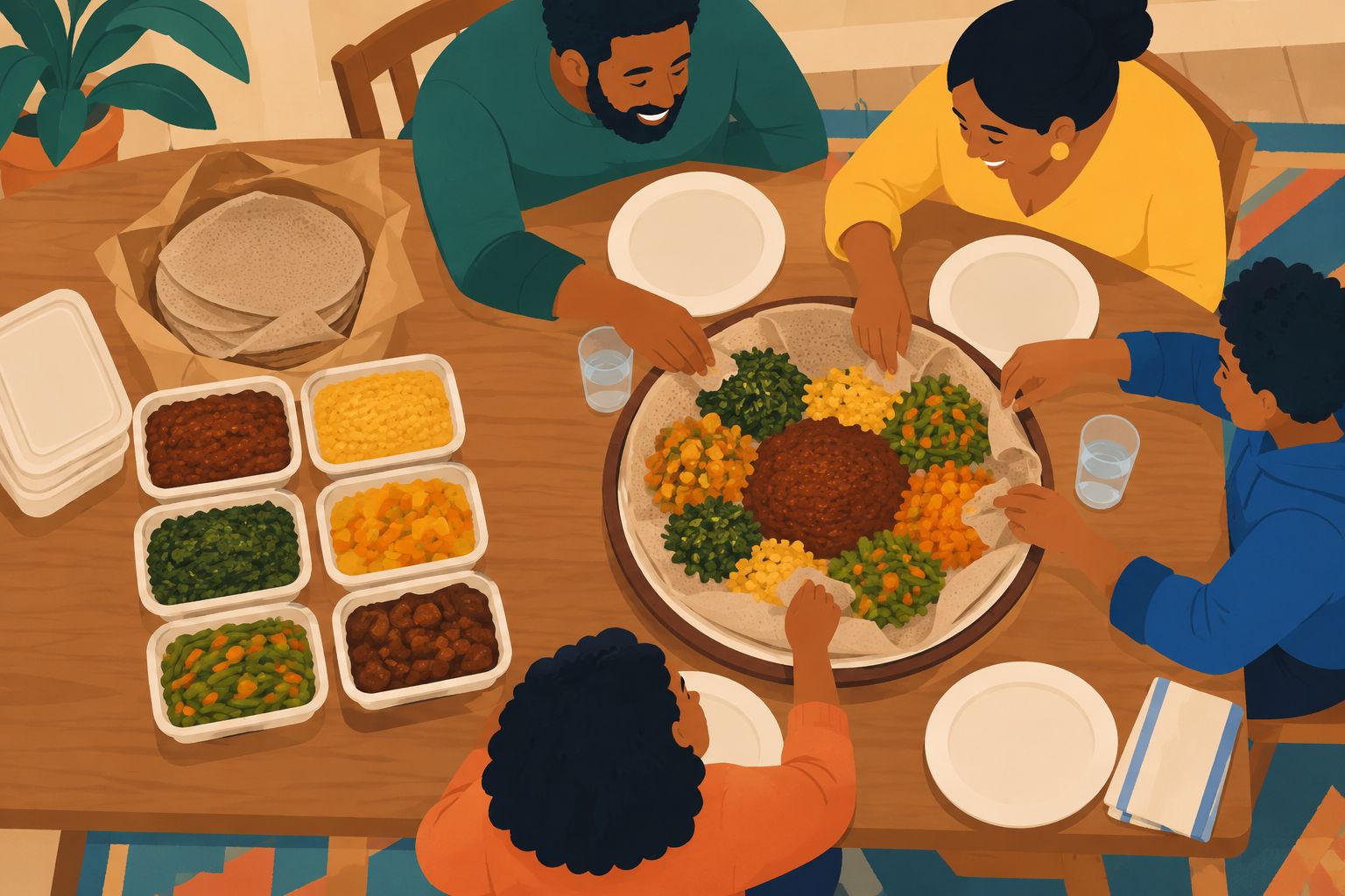 Separately packed Ethiopian dishes and injera ready to share at home