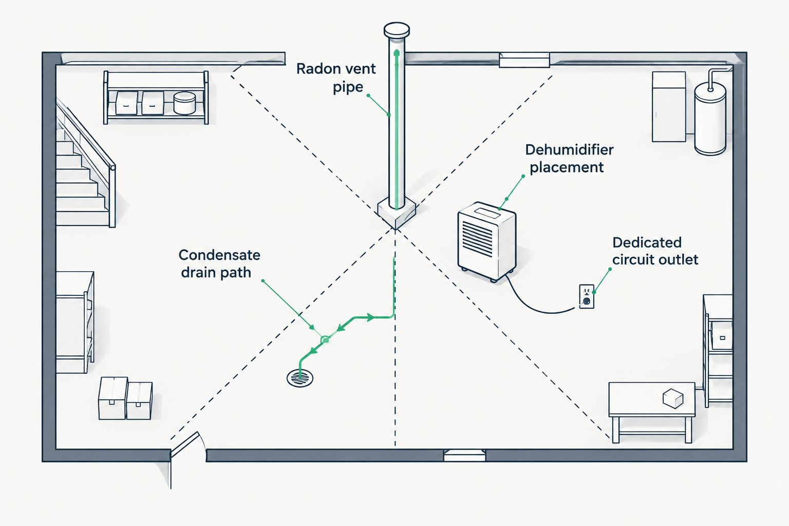 Diagram showing separate zones for a radon vent pipe, dehumidifier, drain path, and outlet in a basement