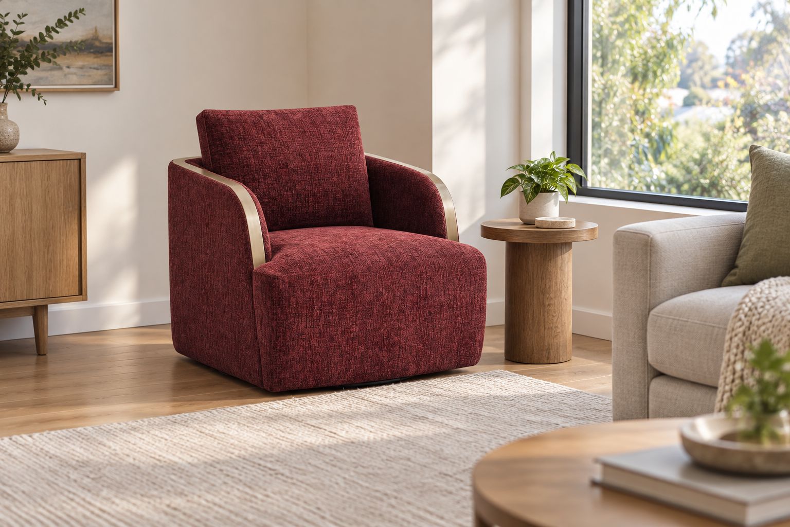 Compton swivel arm chair in a living-room corner between a window and sofa