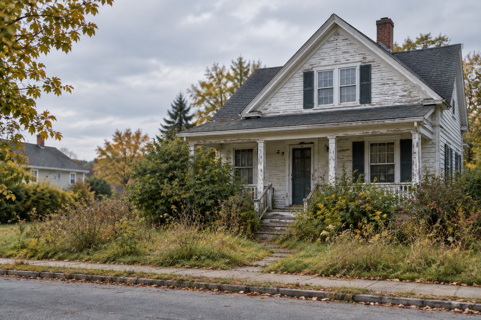 Older neglected house exterior typical of a foreclosure auction property