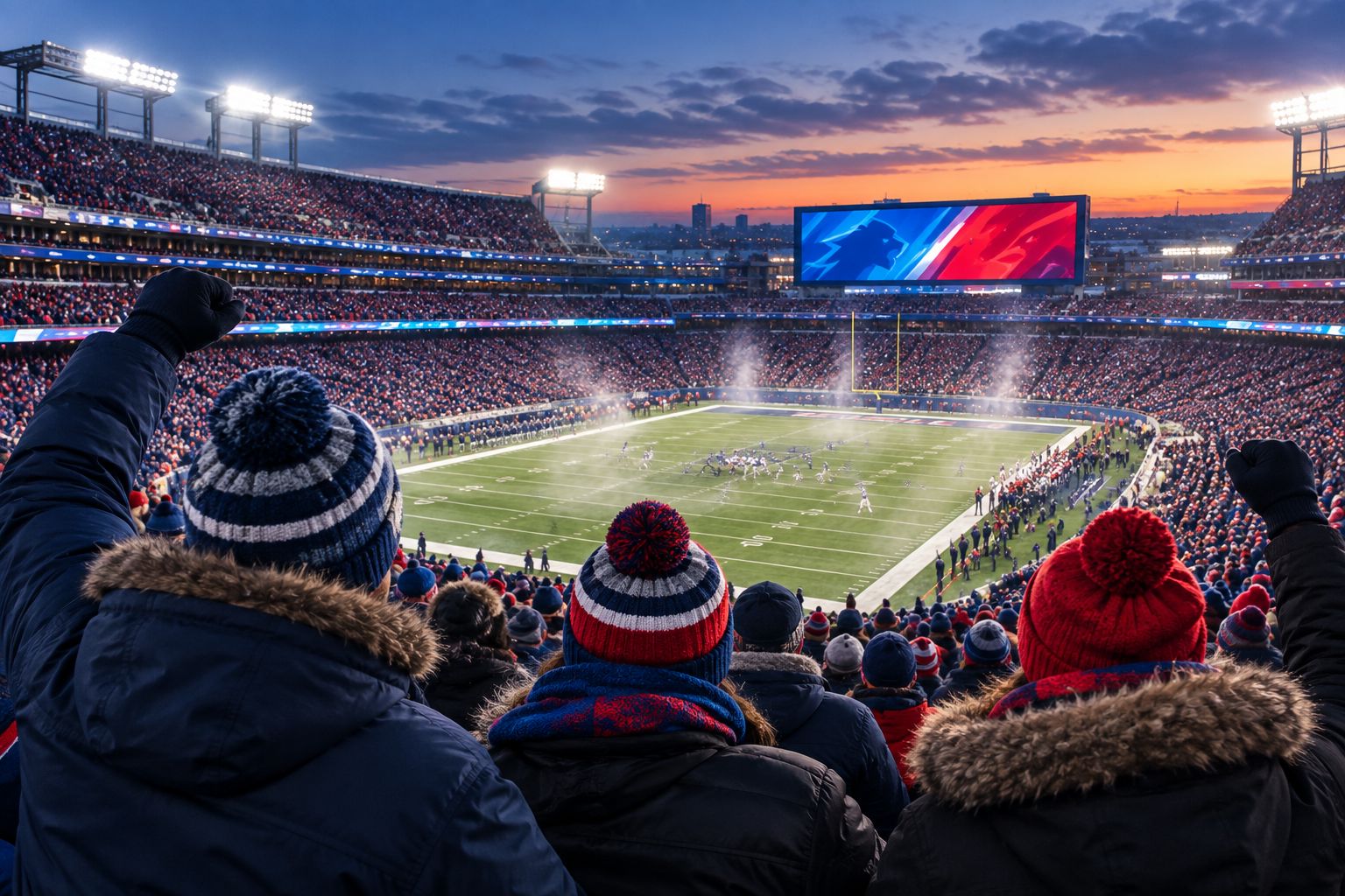 Packed outdoor NFL stadium under lights in cold weather