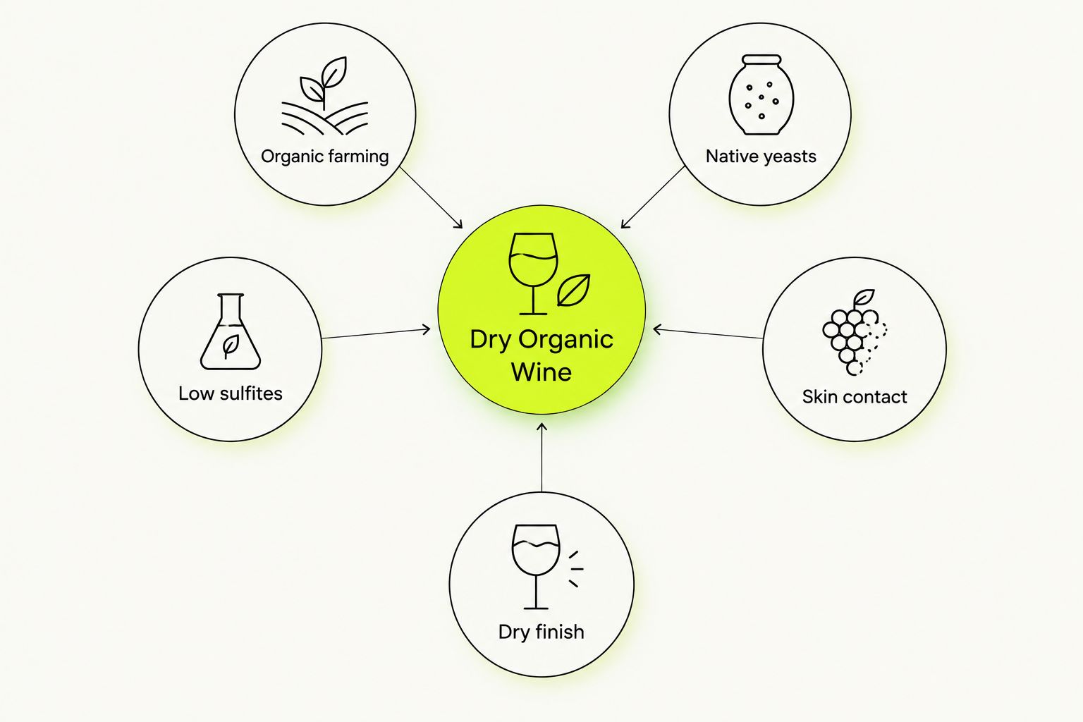 Hub and spoke diagram showing five criteria for dry organic wine