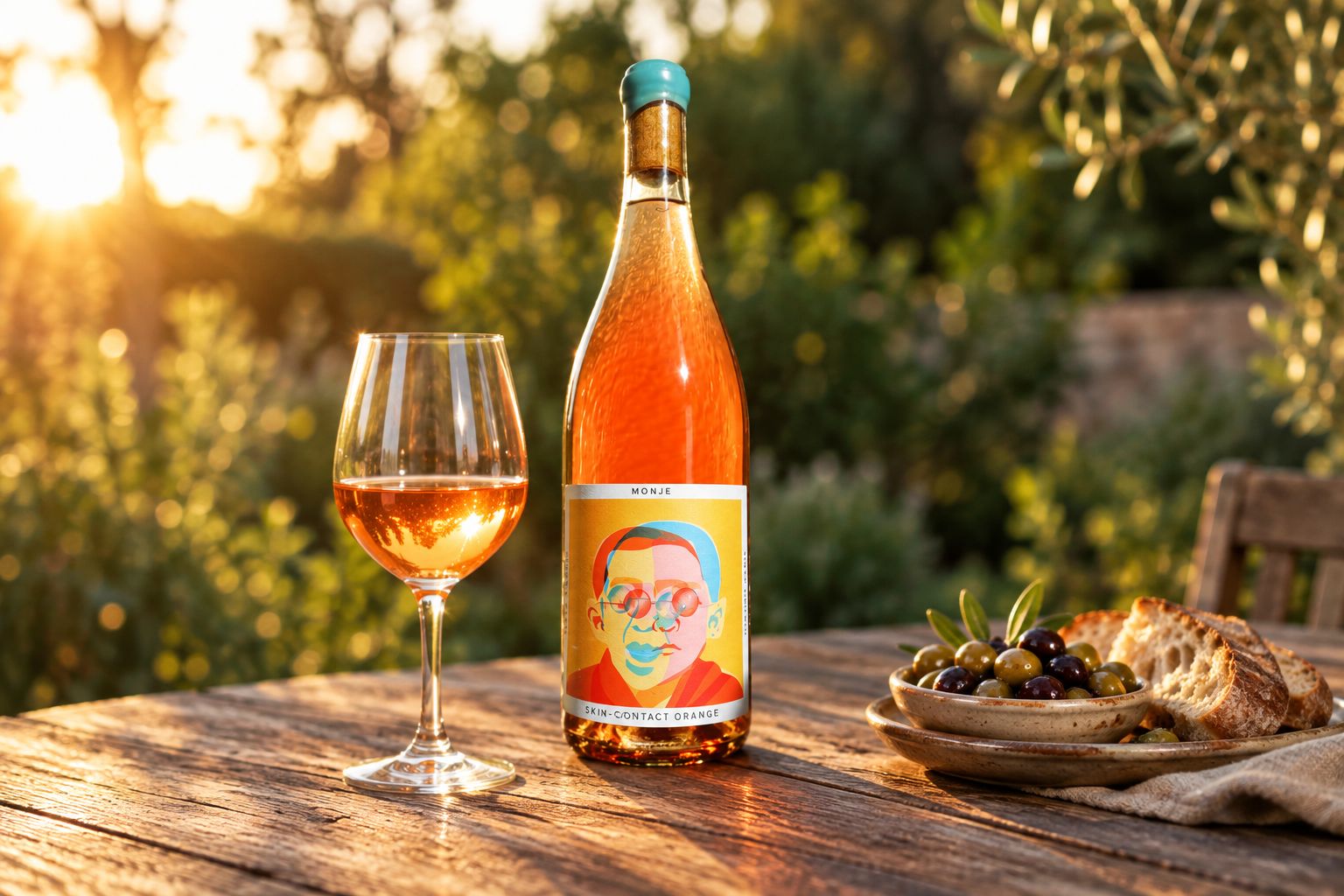 Monje orange wine bottle on an outdoor table at golden hour