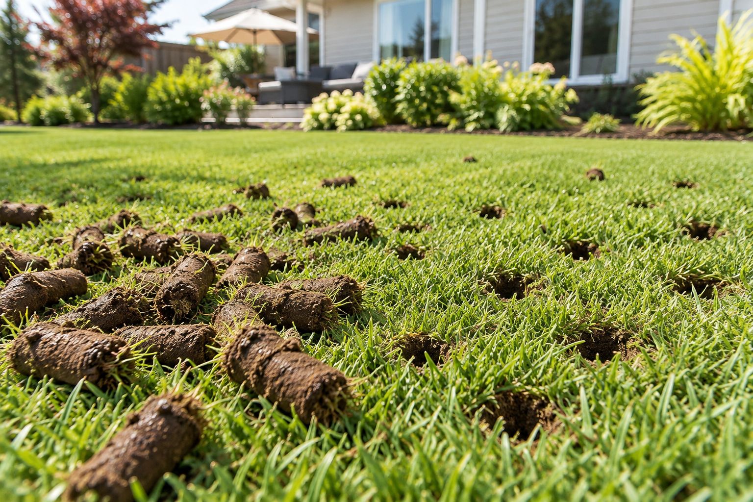 Extracted soil plugs and open holes in a lawn after core aeration